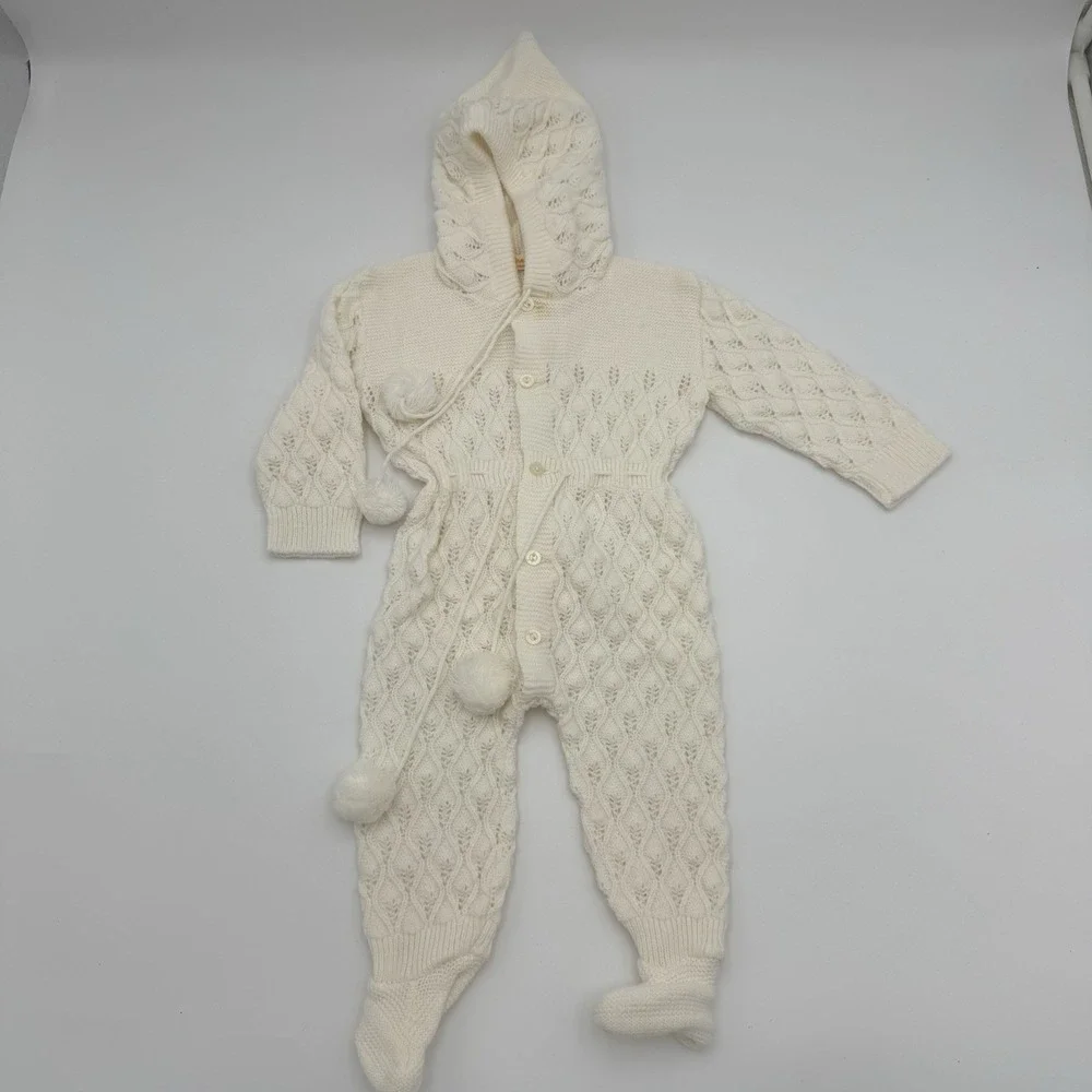 Vtg Renzo Baby Unisex Sz 0-3m White Knit Sleeper‎ Hood Newborn Classic Handmade